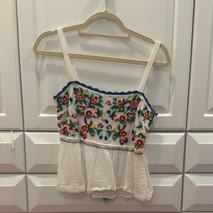 Anthropologie White Camisole with Floral Embroidery